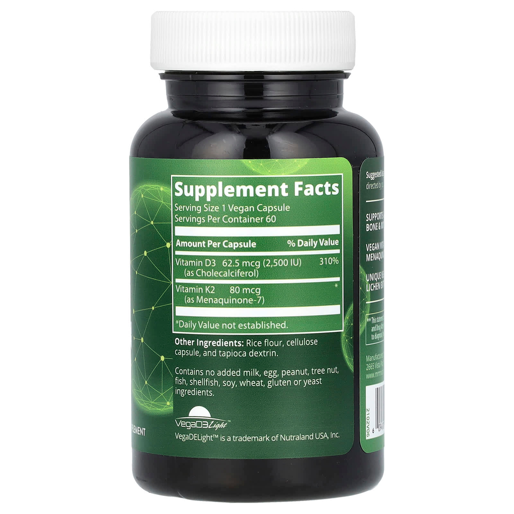 MRM Nutrition, веганские витамины D3 и K2, 62,5 мкг (2500 МЕ), 60 веганских капсул