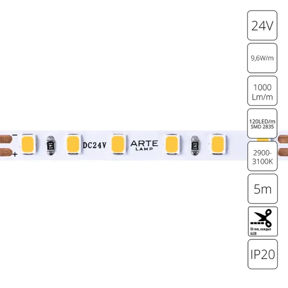 Светодиодная лента 24V 9,6W/m 3000К 5м Arte Lamp TAPE A2412005-01-3K