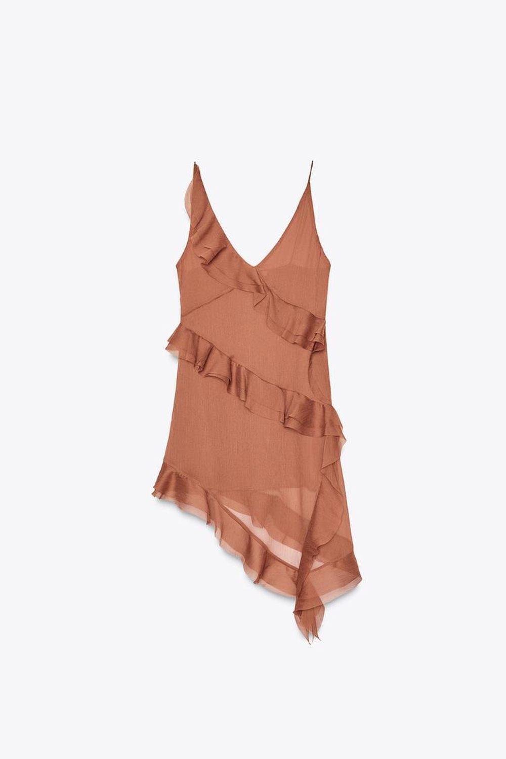 ZARA ПЛАТЬЕ АСИММЕТРИЧНОГО КРОЯ С ВОЛАНАМИ, СВЕТЛО-КОРИЧНЕВЫЙ