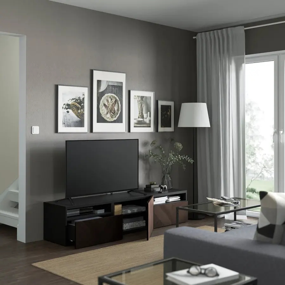 Тумба под ТВ с дверцами и ящиками - IKEA BESTÅ/BESTA/БЕСТО ИКЕА, 42х39х180 см, черный