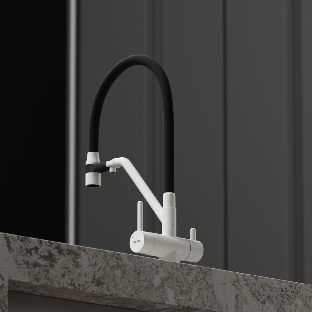Смеситель для кухни Sancos Dora с гибким изливом, цвет белый гранит/черный, арт. SC4003GR