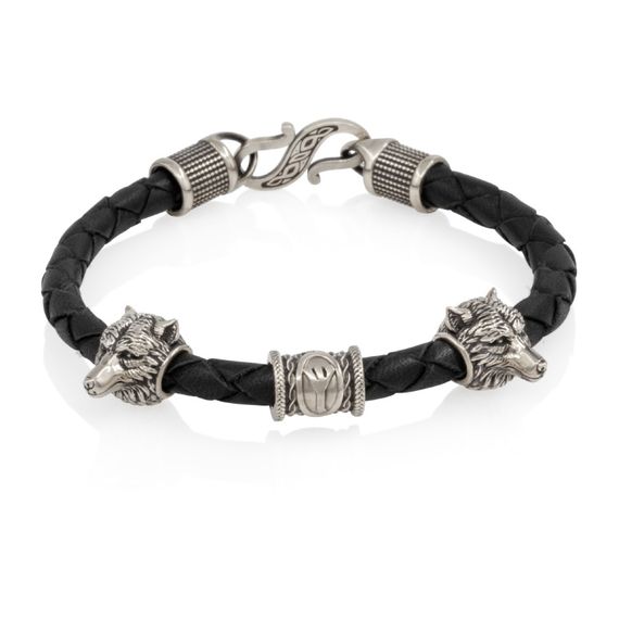 Браслет гайтан черный 5 мм с руной Альгиз и двумя шармами волк Мельхиор, фото 1