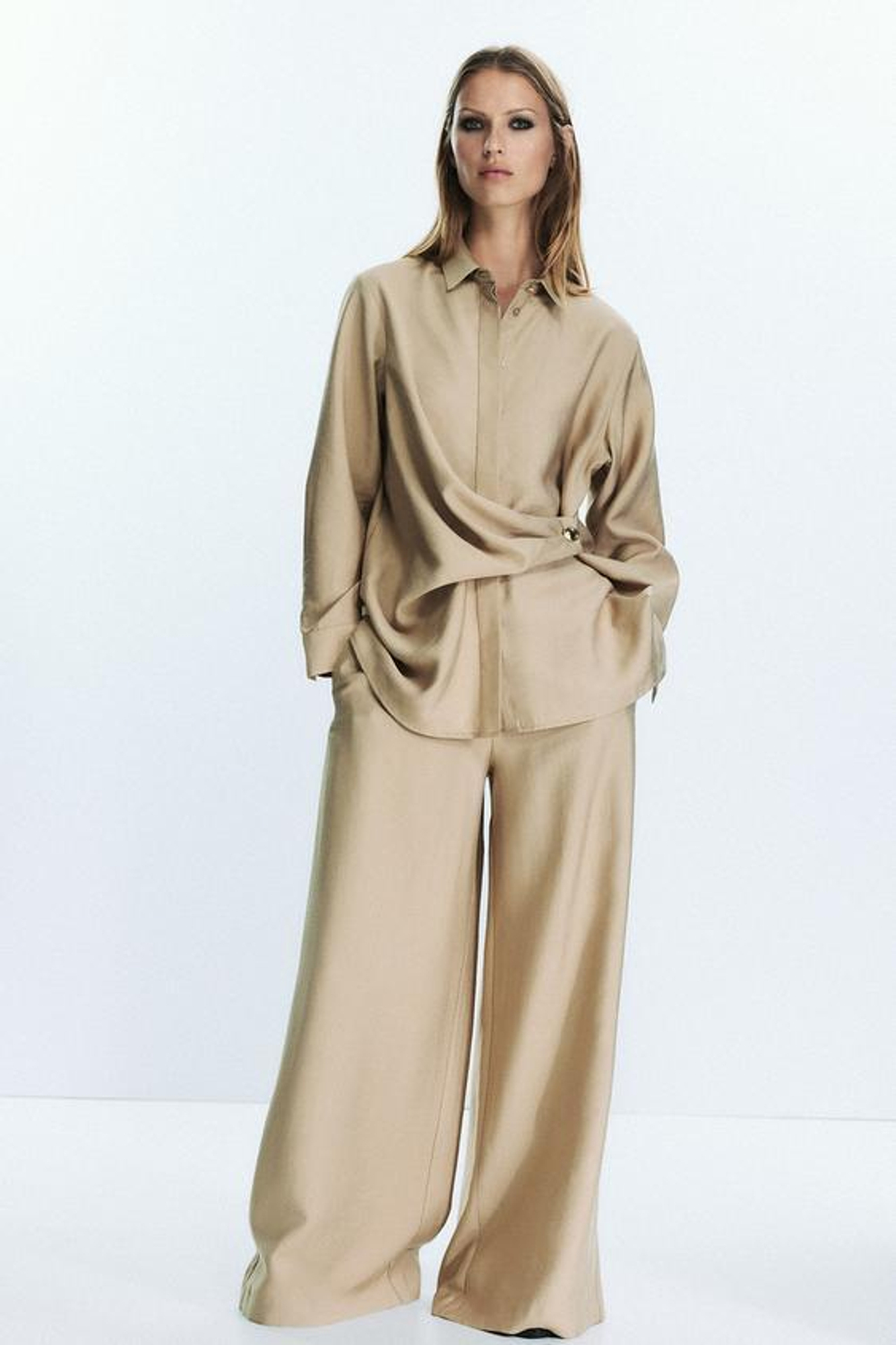 ZARA ШИРОКИЕ БРЮКИ С ЭЛАСТИЧНОЙ ТАЛИЕЙ, ПЕСОЧНЫЙ