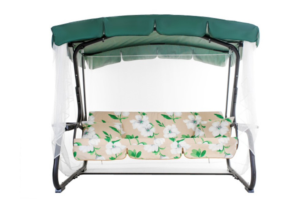 Качели садовые OLSA 3-х местные Турин(каркас черный, м/э бежевый, белый рис.цветы)1 уп.