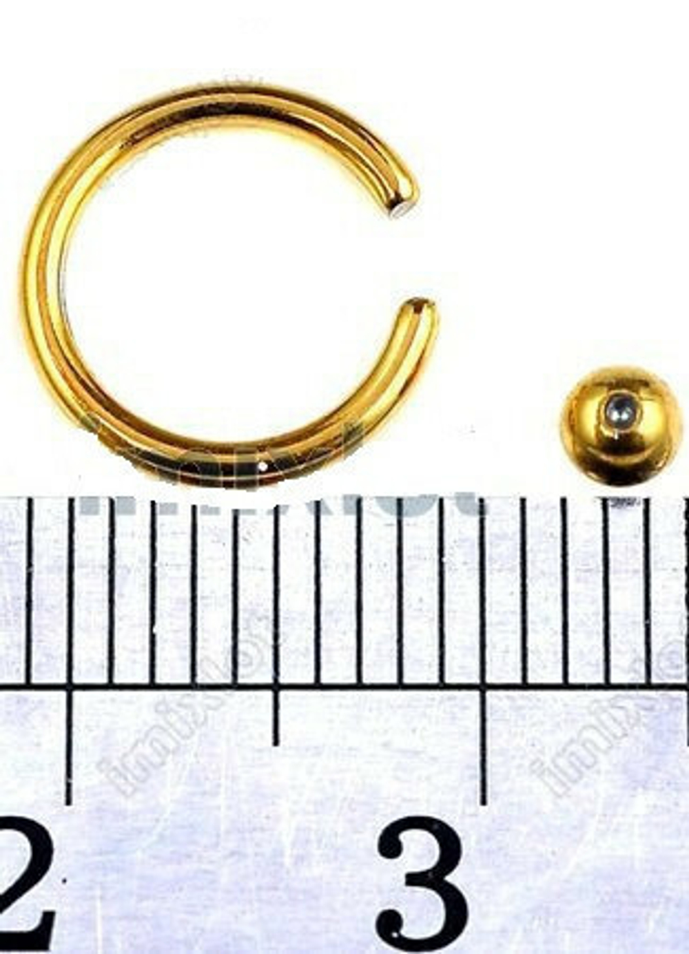 Кольцо сегментное диаметр 8 мм, шарик 3 мм, толщина 1,2мм для пирсинга. Медицинская сталь, позолота.