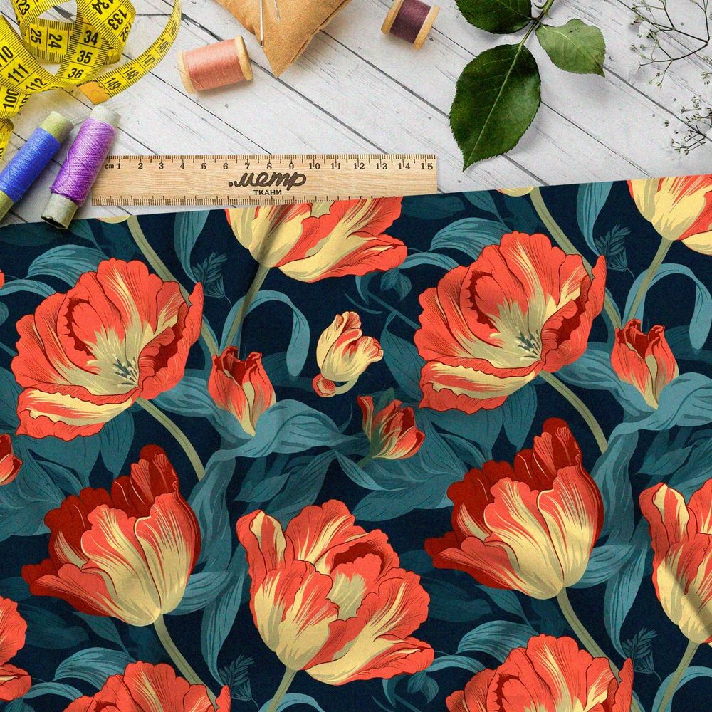 Ткань премиум сатин ночные тюльпаны