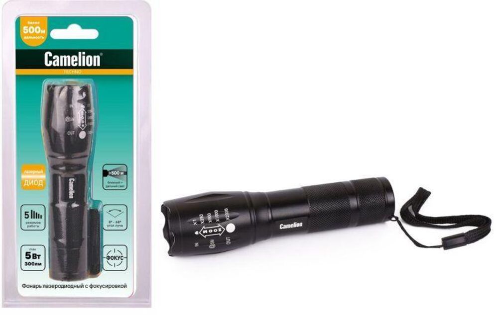 Фонарь LED51530 LED XML-T6 ZOOM 5 режимов 3хLR03 алюм. черн. (открывающ. блист.) Camelion 14536