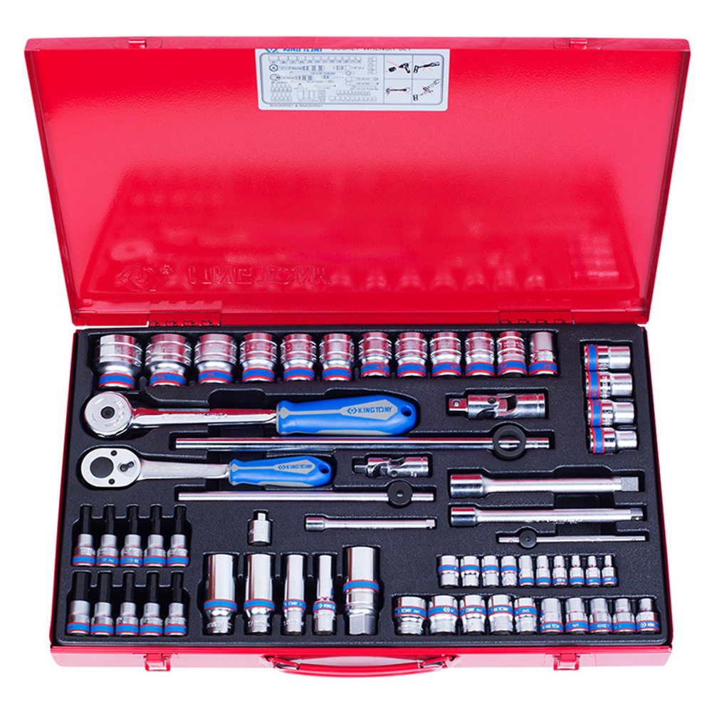 Набор торцевых головок с принадлежностями 1/4" + 3/8" + 1/2", двенадцатигранные, 4-32 мм, 62 предмета KING TONY 9063MR01