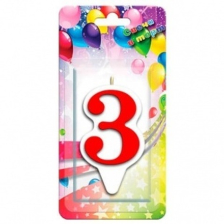 Свеча Цифра 3, Красный/Белый, 9 см, 1 шт.
