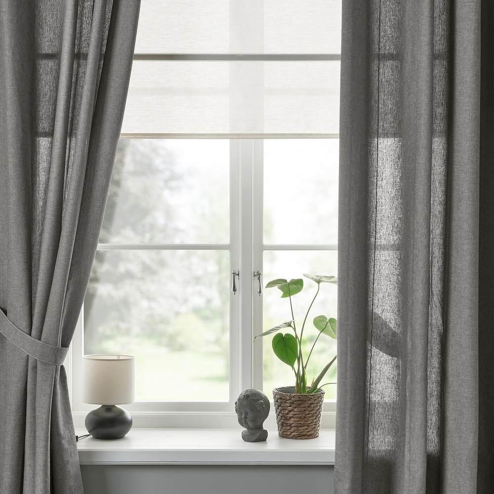 IKEA LENDA  (ИКЕА ЛЕНДА)  -  Штора с креплением, 2 шт, на ленте/темно-серый, 140x300 см