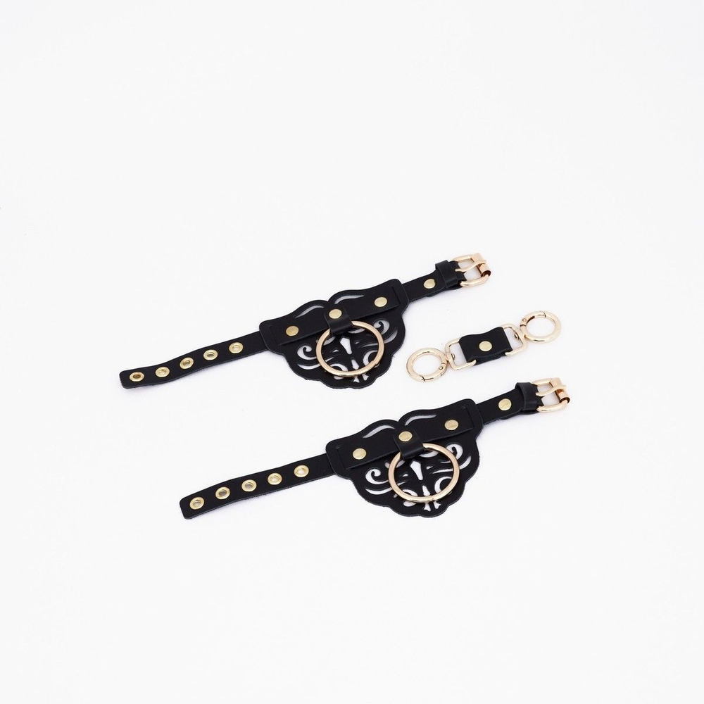 Черные кожаные наручники с клепками, кольцами и золотистой фурнитурой (Цвет: черный с золотистым)