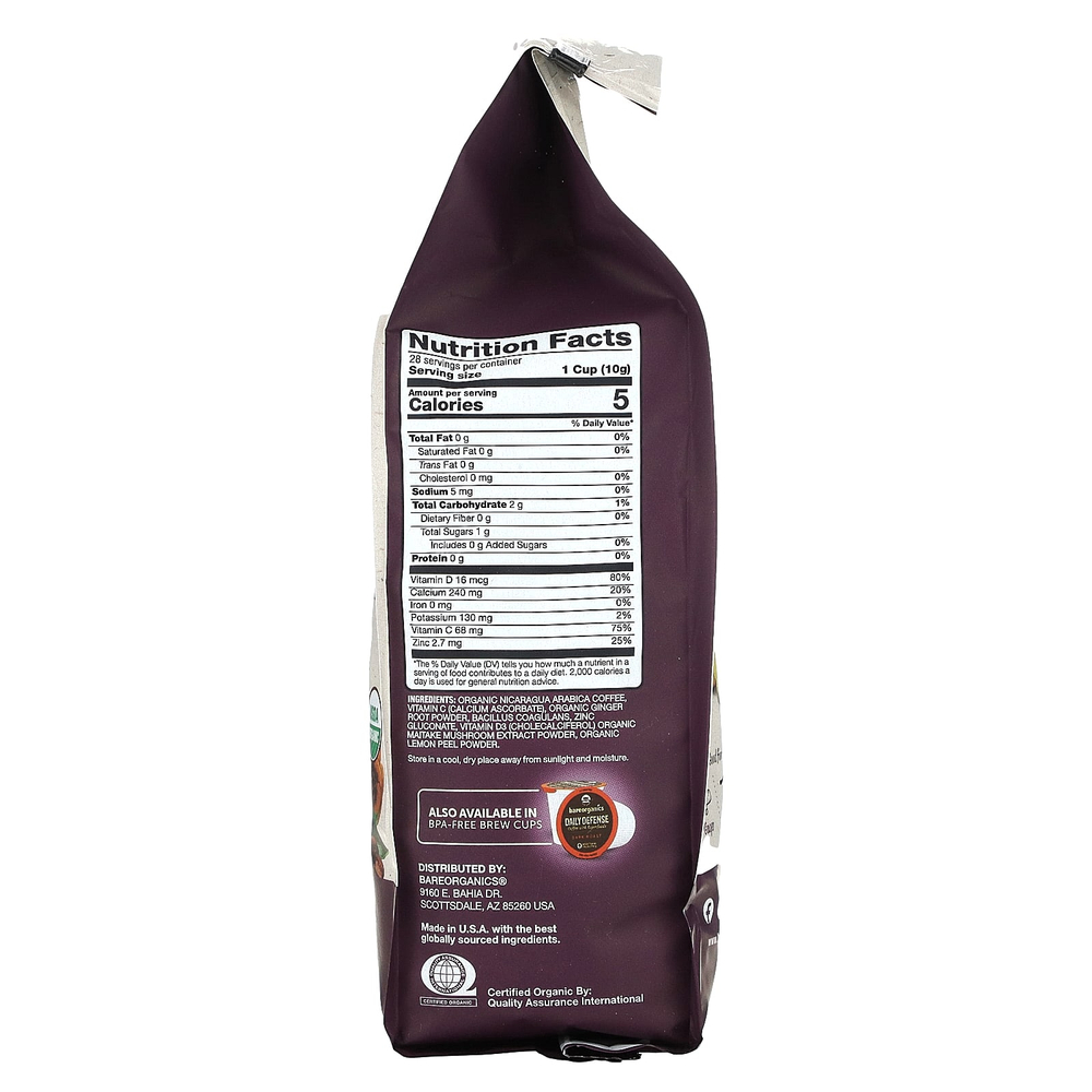 BareOrganics, Кофе Daily Defense с суперфудами, молотый, темная обжарка, 283 г (10 унций)