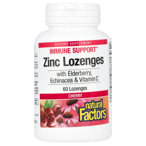 Natural Factors, Цинковые леденцы, с бузиной, эхинацеей и витамином C, вишней, 60 пастилок