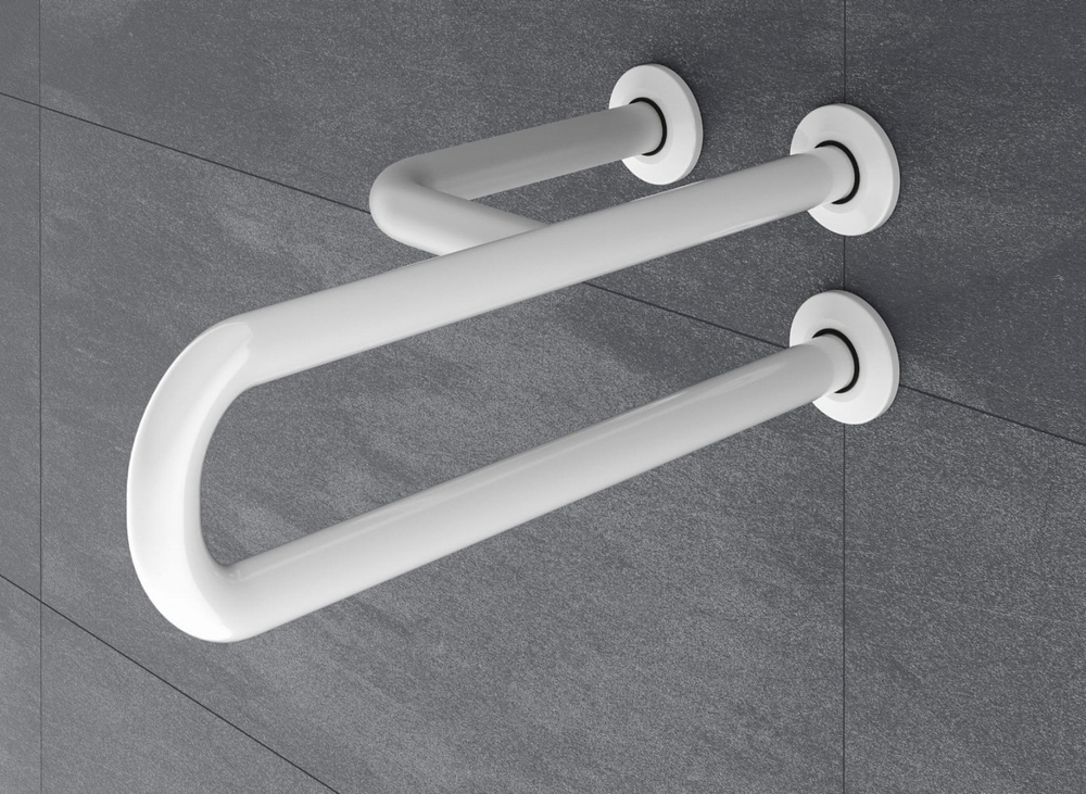 Фото в интерьере поручень полукруглый неподвижный с 3 точками опоры Nofer 600 мм с антибактериальным покрытием белый правый, 15047.W