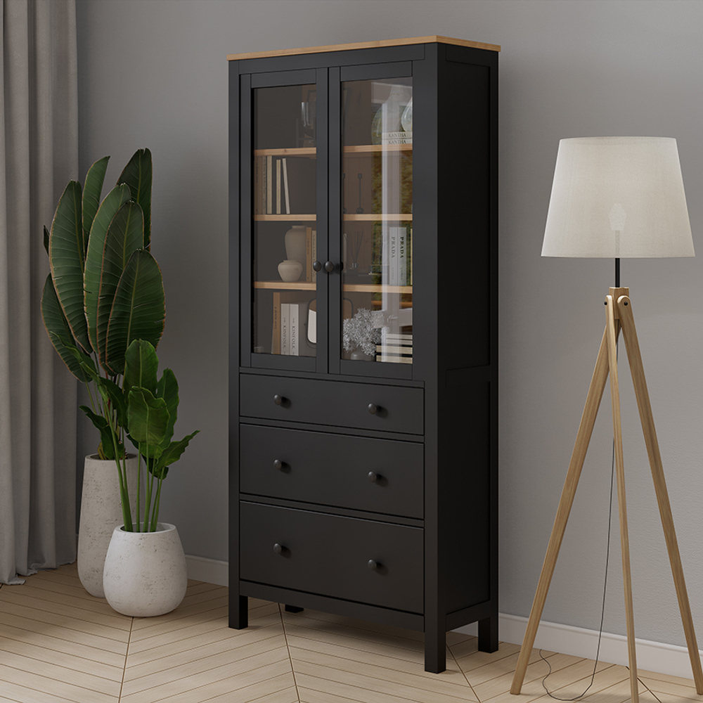 Шкаф-витрина Хемнэс Hemnes/Кымор, 3 ящика, 90х198х37 см, черный/светло-коричневый