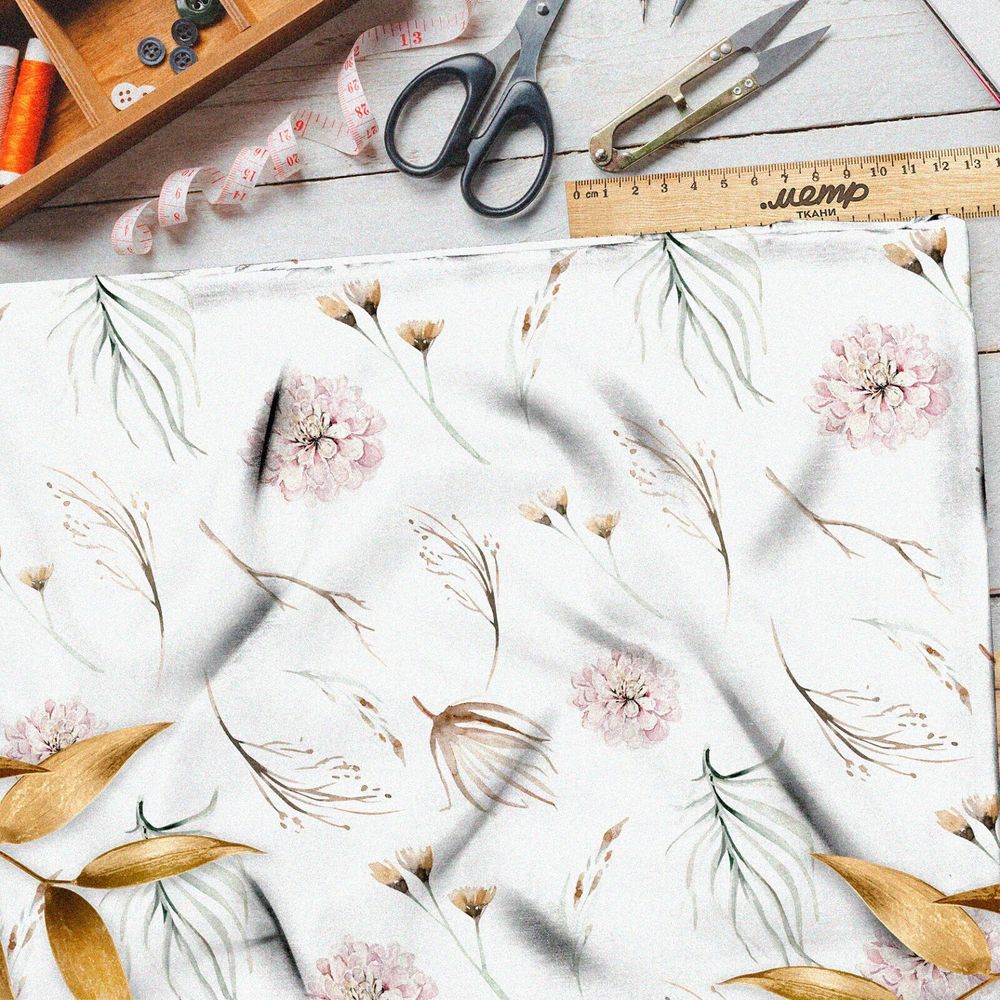 Ткань интерлок тонкие веточки с цветами