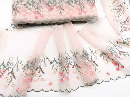 Вышивка на сетке, 22 см, ПРАВАЯ, цветы на нежно-розовом фоне (Артикул: VS-2021), м