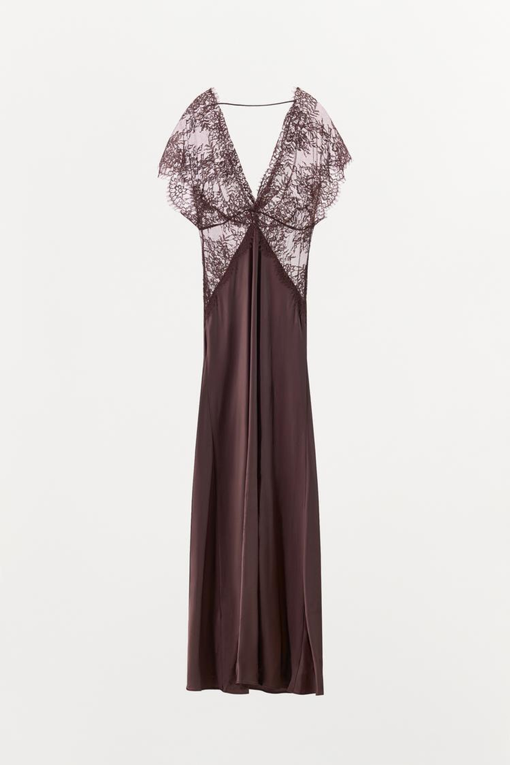 ZARA АТЛАСНОЕ ПЛАТЬЕ С КОНТРАСТНЫМ КРУЖЕВОМ, КОРИЧНЕВЫЙ