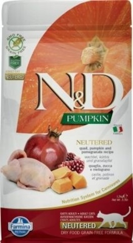 CAT Farmina ND сухой корм для стерилизованных кошек и кастрированных котов GF Pumkin Neutered Quail тыква с перепелкой 1,5 кг