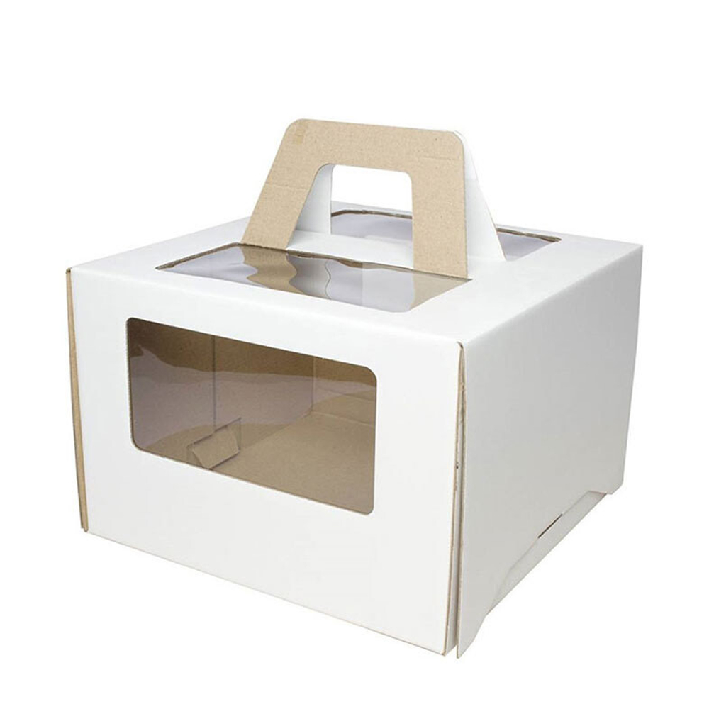Коробка для торта с ручкой и окном гофрокартон 220*220*200 мм (белая)