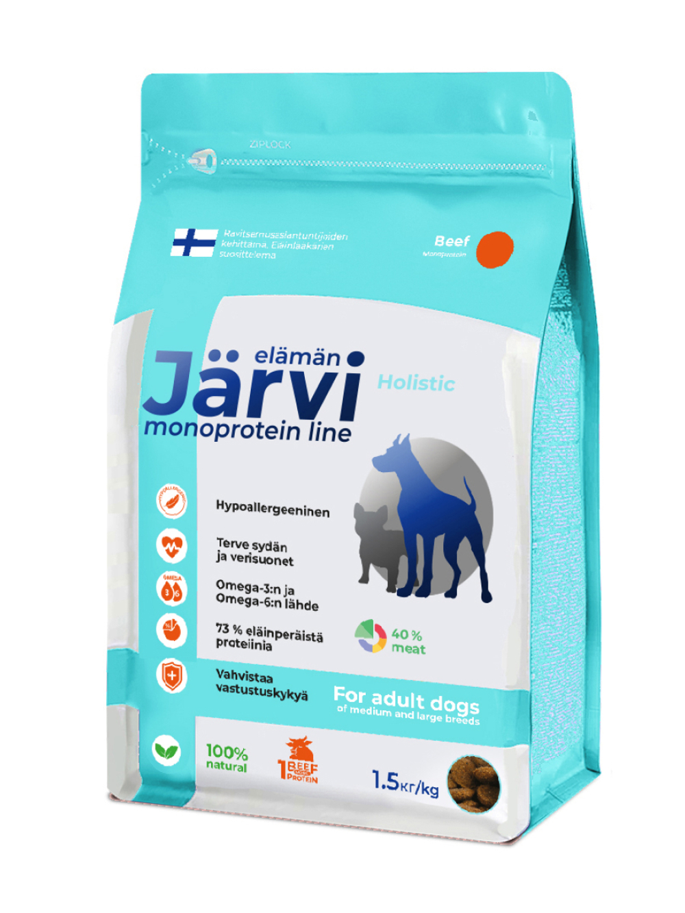 Jarvi сухой монопротеиновый полнорационный корм для взрослых собак средних и крупных пород,говядина, 1,5кг.