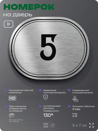 Номерок на дверь квартиры 5, для кабинета, офиса, шильдик 9 х 7 см, серебристый, Айдентика Технолоджи
