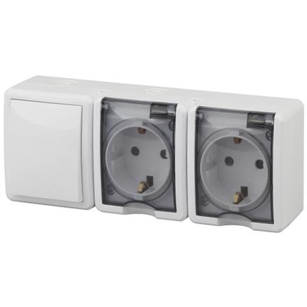 Блок две розетки + выключатель ЭРА Эксперт 11-7403-01 IP54 16A-10AX-250В ОУ белый