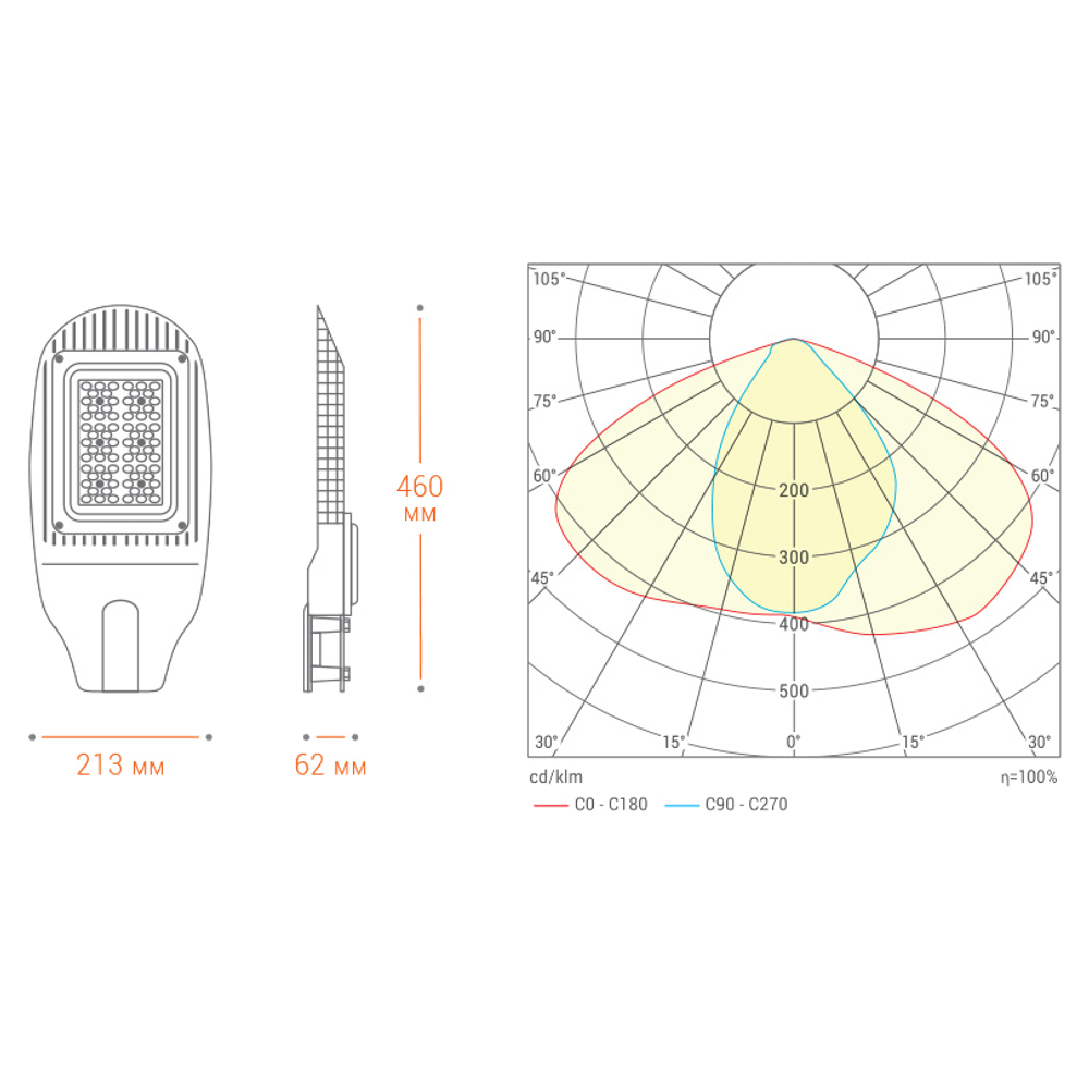Уличный светодиодный светильник STL-50W01 50Вт IP65 6000Лм 5700К 460x213x62мм WOLTA