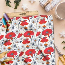 Ткань таффета насыщенные маки и цветы зреющей клубники