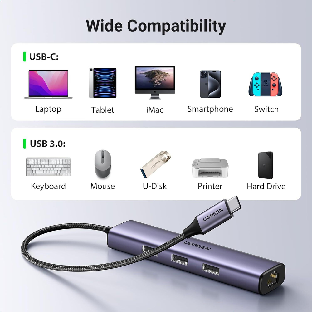 Конвертер USB 3.1 Type C на LAN RJ-45,1000Mbps + USB 3.0 HUB 3 port, 0.2m UGREEN 60600
