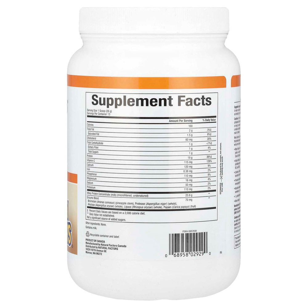 Natural Factors, Whey Factors, 100% натуральный сывороточный белок, без ароматизаторов, 12 унций (340 г)