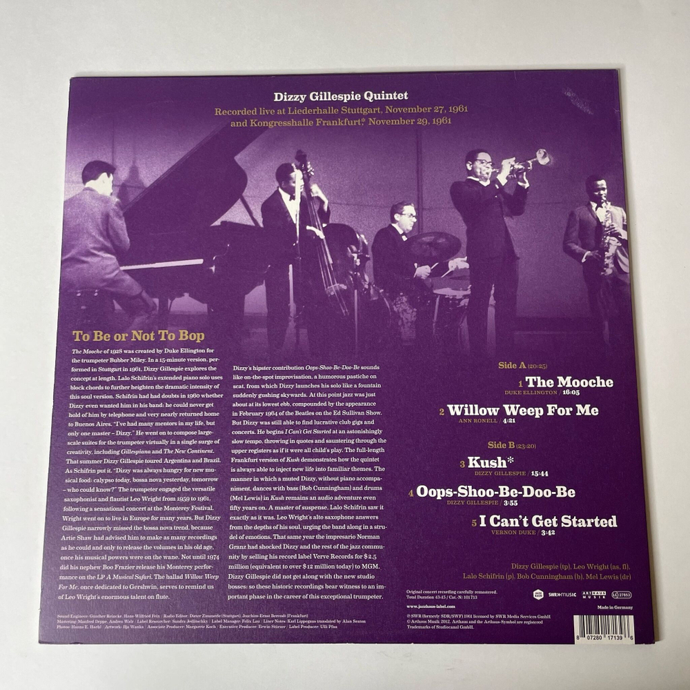 Винтажная виниловая пластинка LP Dizzy Gillespie Quintet, Liederhalle Stuttgart November 27, 1961 (Germany 2012)
