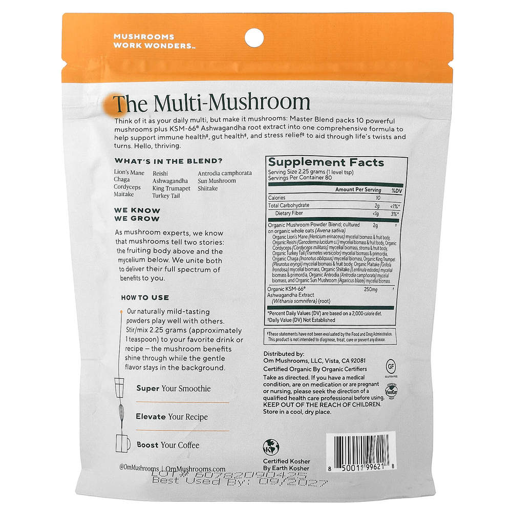 Om Mushrooms, грибной порошок, комплекс из 10 грибов, мастерская смесь + ашваганда, 180 г (6,34 унции)