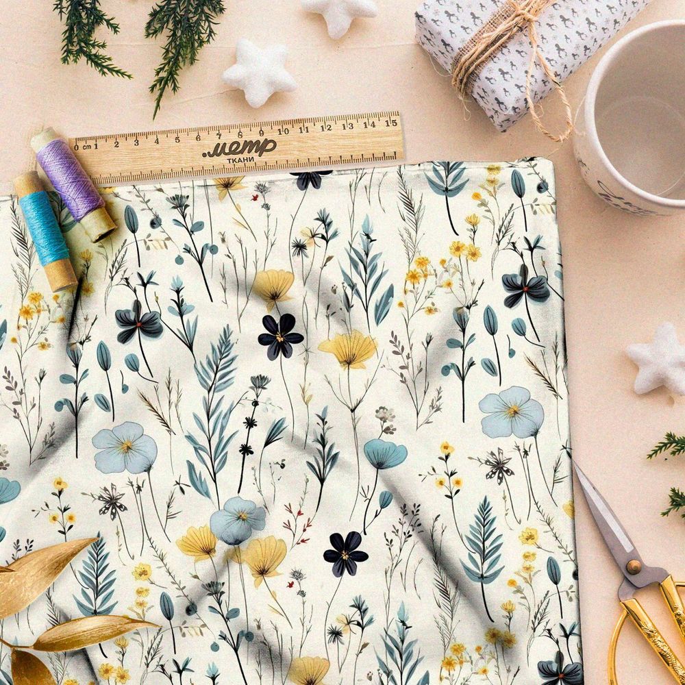 Ткань премиум шелк искусственный Армани полевой гербарий