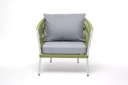 "Диего" кресло плетеное из роупа, каркас алюминий светло-серый (RAL7035) муар, роуп салатовый меланж круглый, ткань светло-серая