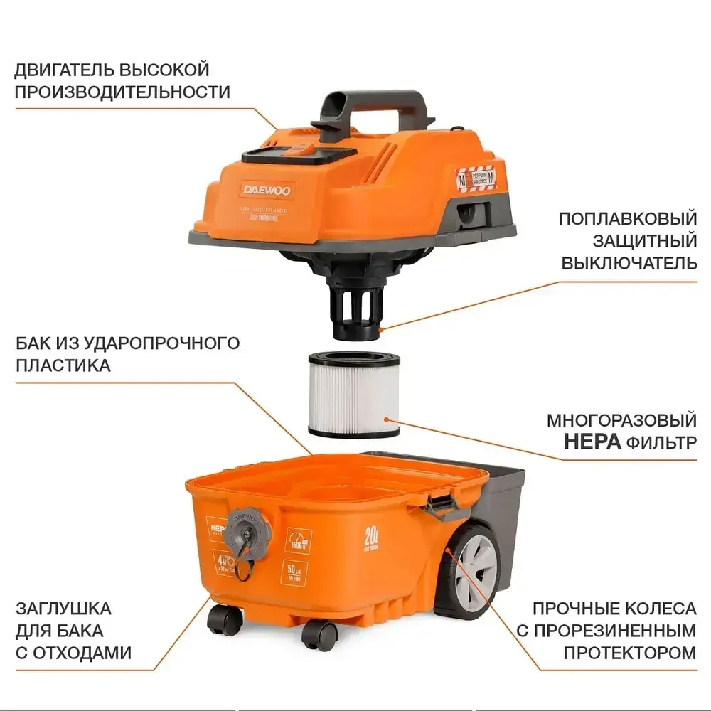 Пылесос универсальный DAEWOO HOME 1,5 кВт, 250 мбар, 20 л
