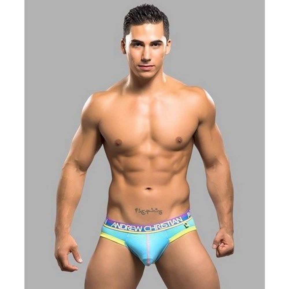 Мужские трусы брифы голубые с желтой оконтовкой Andrew Christian  AC9795