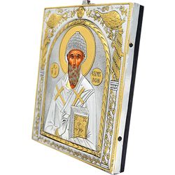 Икона Спиридона Тримифунтского в серебряной ризе под старину.