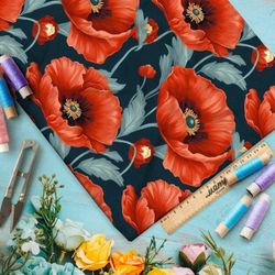 Ткань премиум бифлекс крупные маки на синем