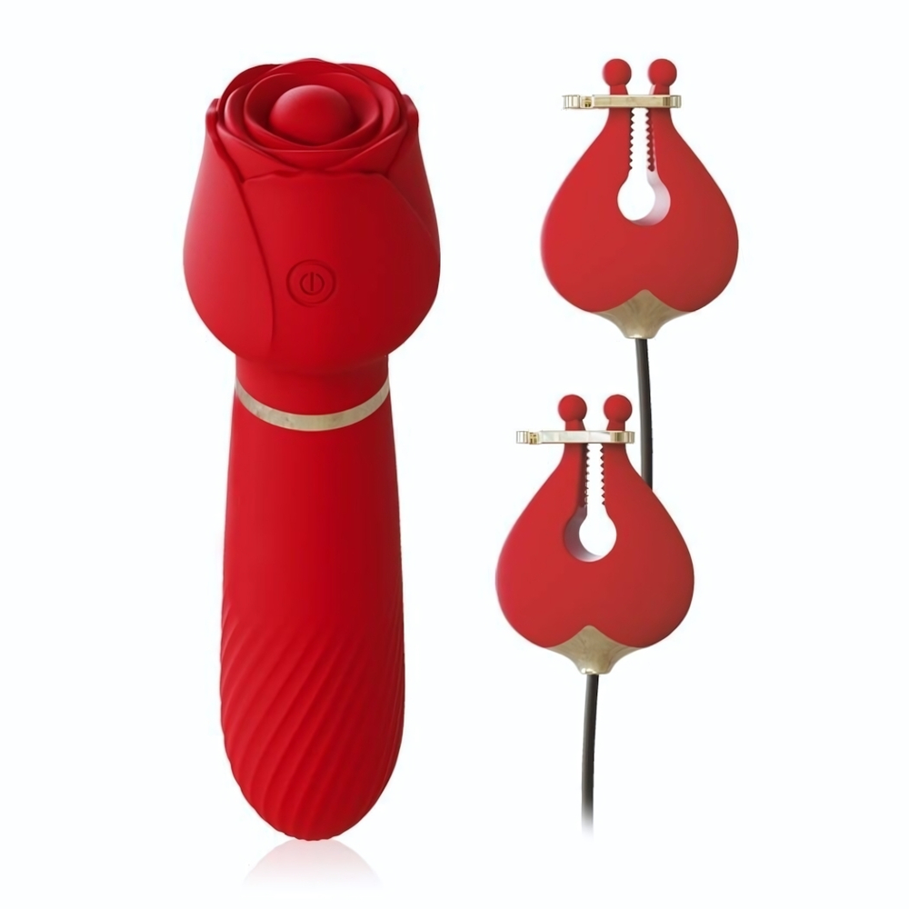 Красный вибромассажёр с зажимами для сосков - 16 см. (Цвет: красный)