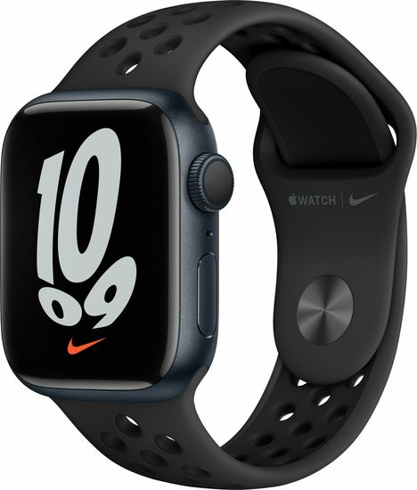 Apple Watch Nike Series 7, 41 мм, корпус из алюминия цвета «тёмная ночь», спортивный ремешок Nike цвета «антрацитовый/чёрный»