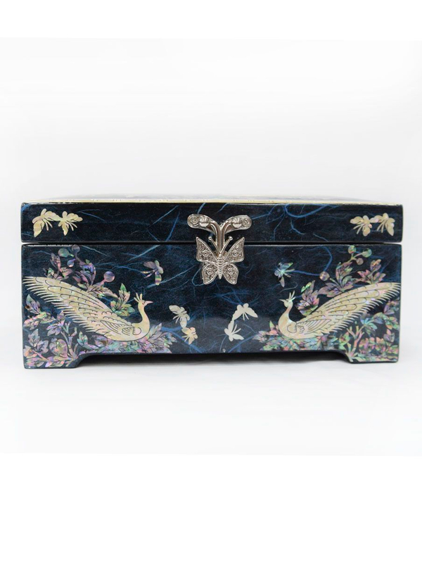 Шкатулка Павлины ручной работы синяя, Южная Корея 178х110х71мм