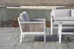 "Сан Ремо" кресло плетеное из роупа садовое, каркас алюминий белый, роуп бежевый, ткань бежевая