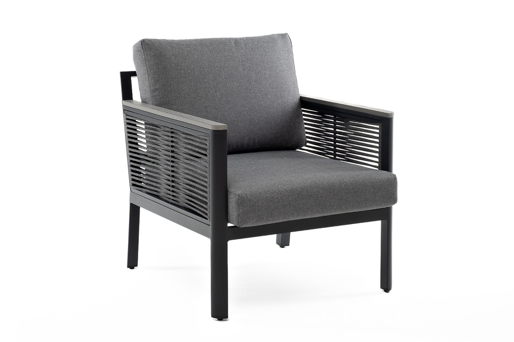 "Сан Ремо" кресло плетеное из роупа садовое, каркас алюминий темно-серый, роуп серый, ткань серая