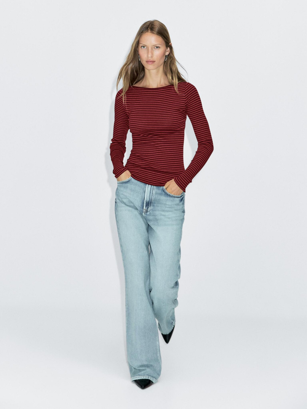 Massimo Dutti Футболка в полоску с длинными рукавами, красный