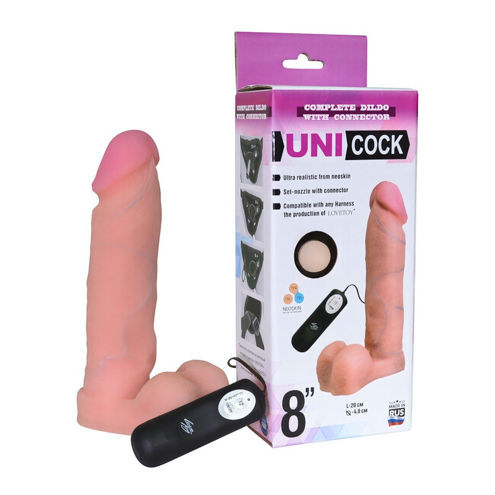 Вибратор с креплением для страпон-трусиков Unicock 8''12 режимов, вторая кожа (20 см , телесный ) (Цвет: телесный)