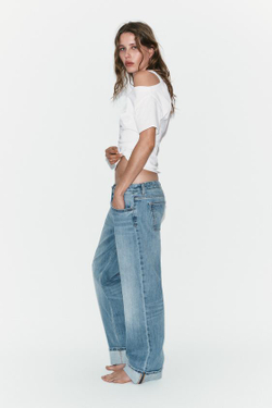 ZARA ДЖИНСЫ TRF LOOSE С НИЗКОЙ ПОСАДКОЙ И ОТВОРОТАМИ, СИНИЙ