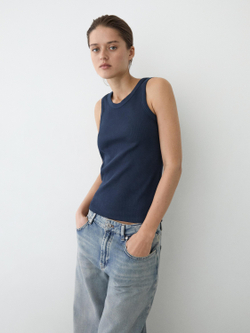 Massimo Dutti Футболка из смесовой хлопковой ткани, темно-синий