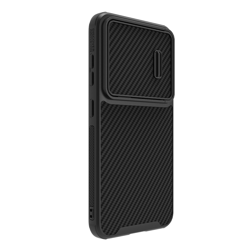 Чехол от Nillkin для смартфона Samsung Galaxy S23+, серия Synthetic Fiber S (покрытие синтетический карбон), полуавтоматическая конструкция сдвижной крышки