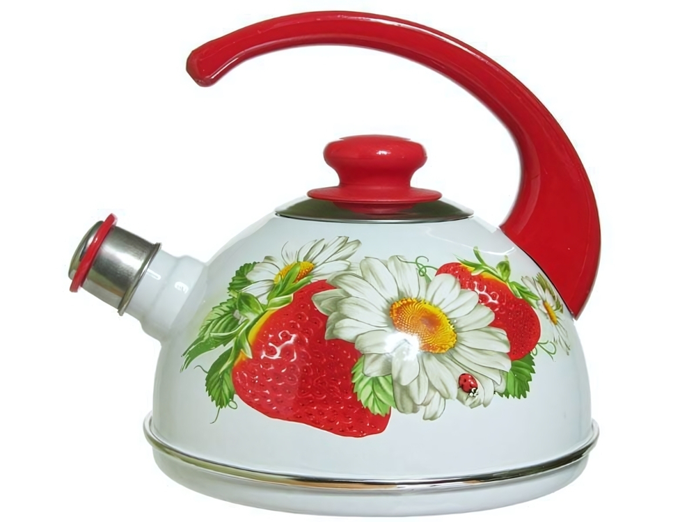 Чайник 2,5л со свистком, консольная ручка, белый "Клубника с ромашкой"